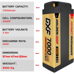 DXF 2S - Batería LiPo shorty (7,6 V, 140 C, 7000 mAh, HV, de 5 mm,