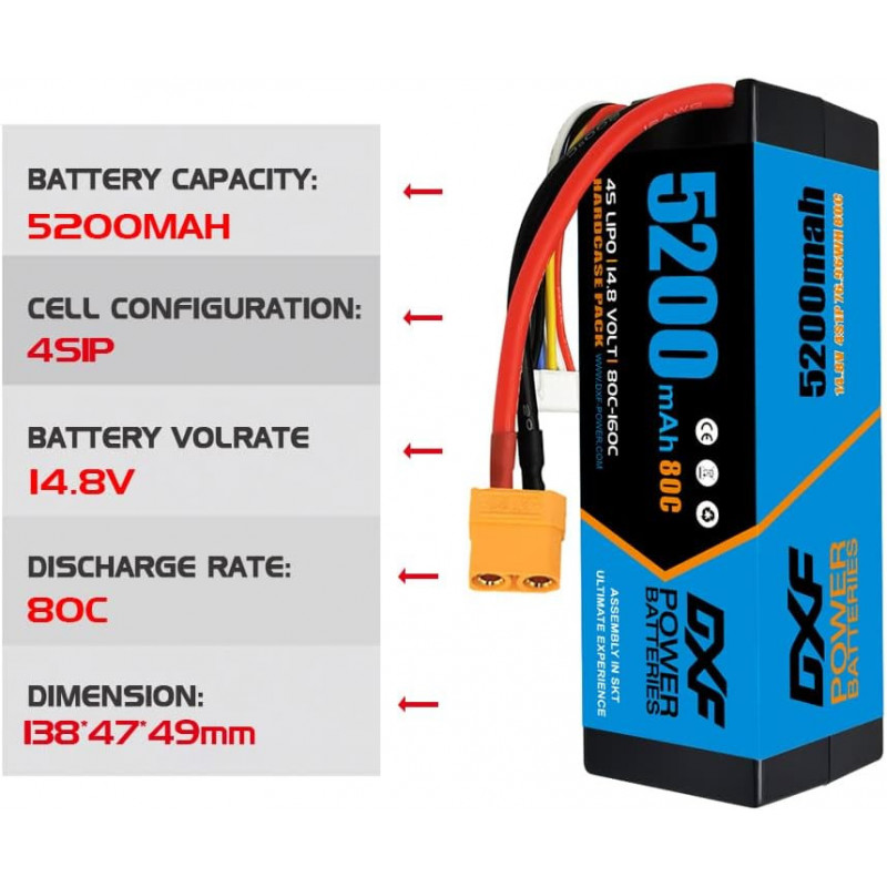 Batteries Lipo 4S 5200 MAh 14.8V 80C – Lot De 2 Avec Connecteur XT90, Pour Voiture RC, Drone, Truggy - 5